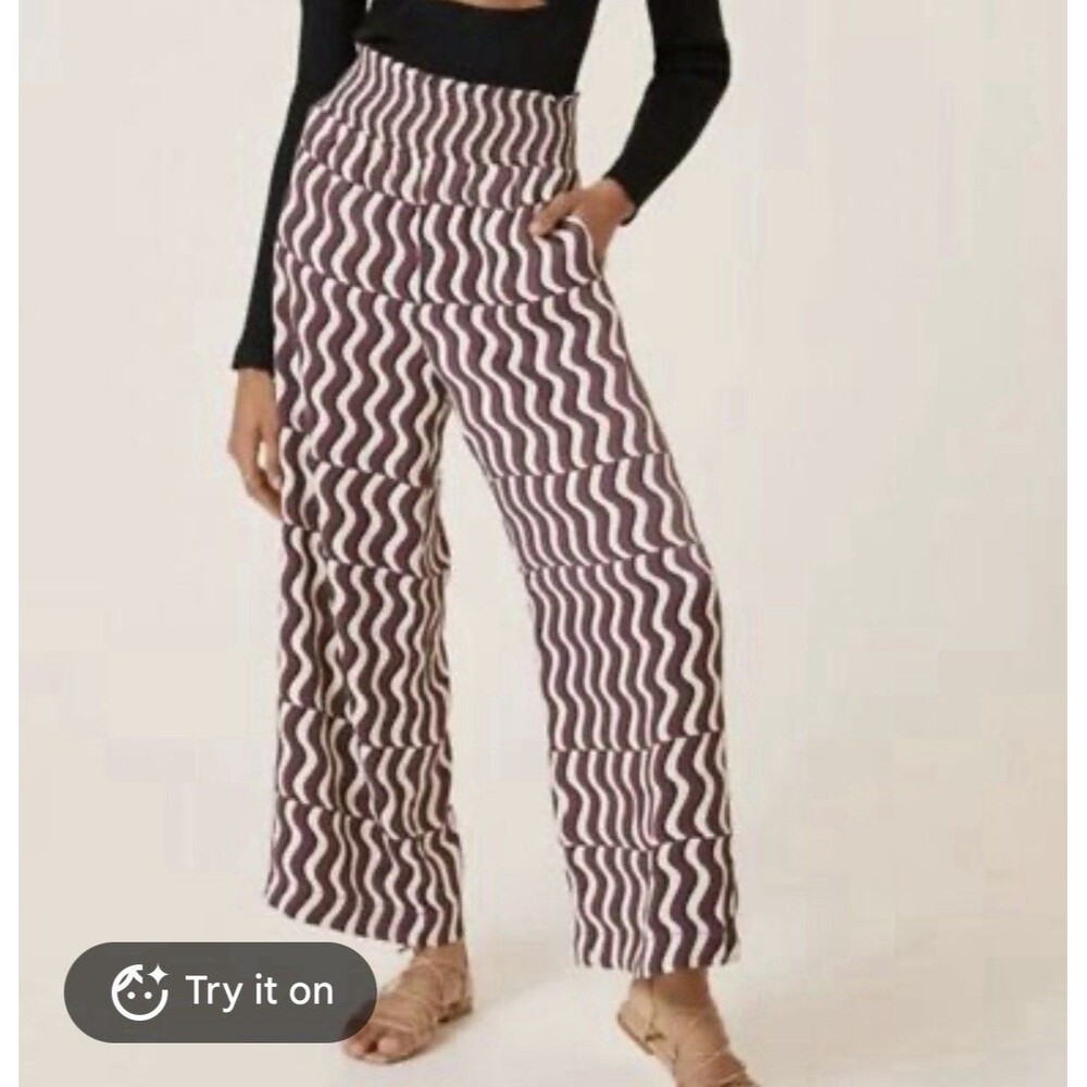 Maeve Anthropologie Printed Wide Leg Pants Purple Ivory Wavy High Rise XS